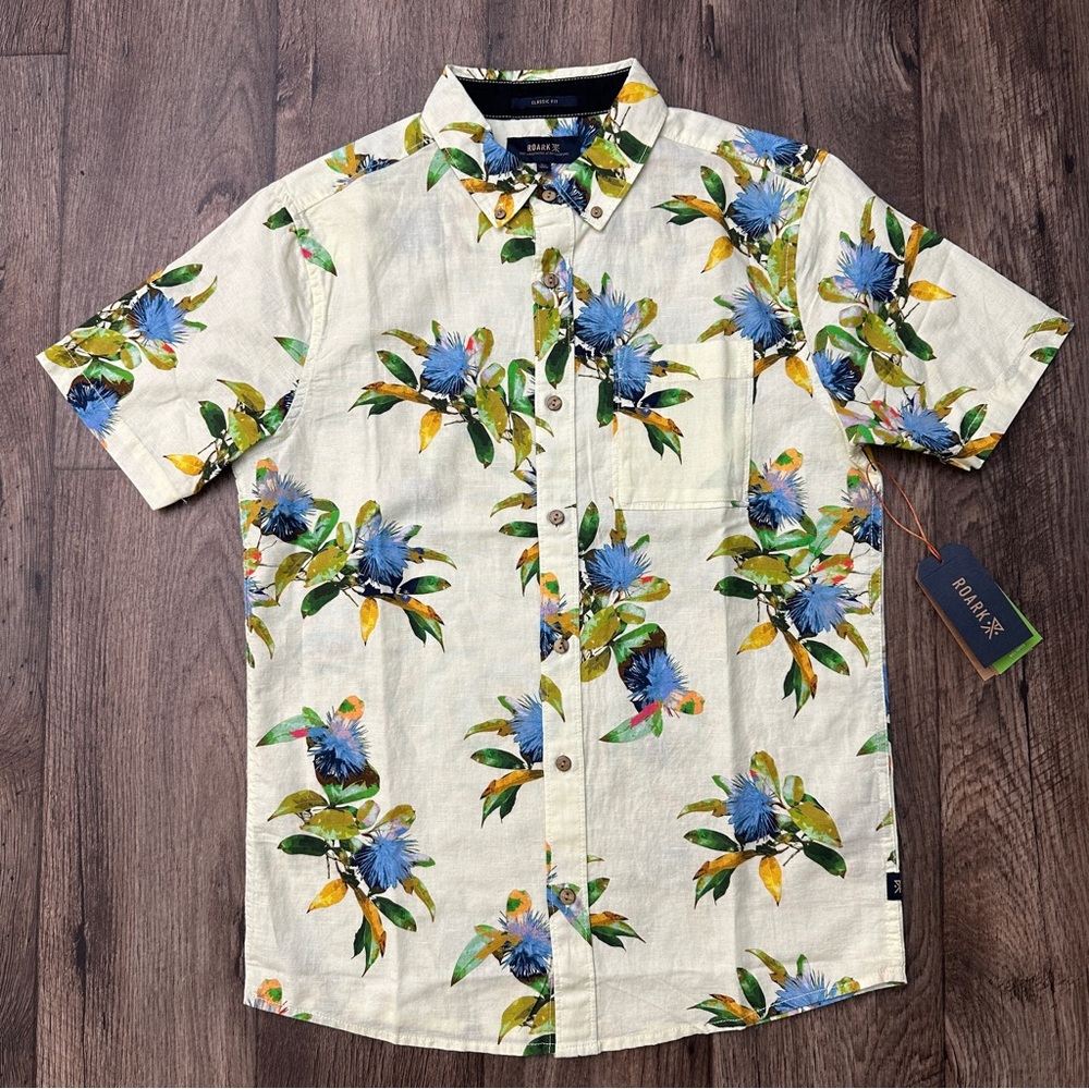 Roark Organic Cotton Linen Blend Button Down Shirt Men’s Size XS Ivory Floral